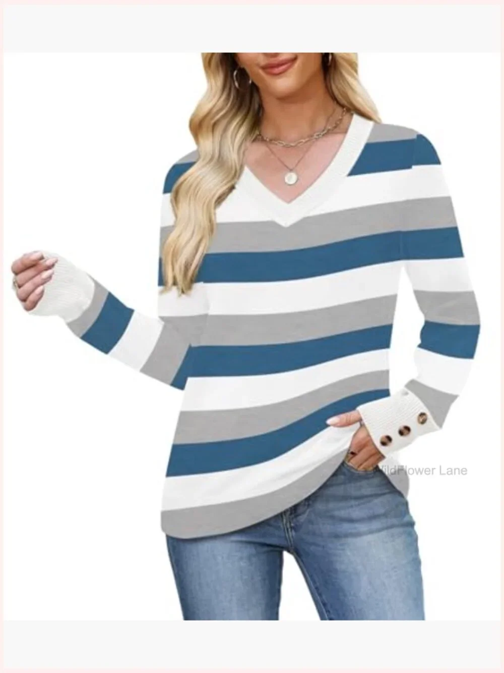 Lightweight V-Neck Knit Sweater with Button Cuffs